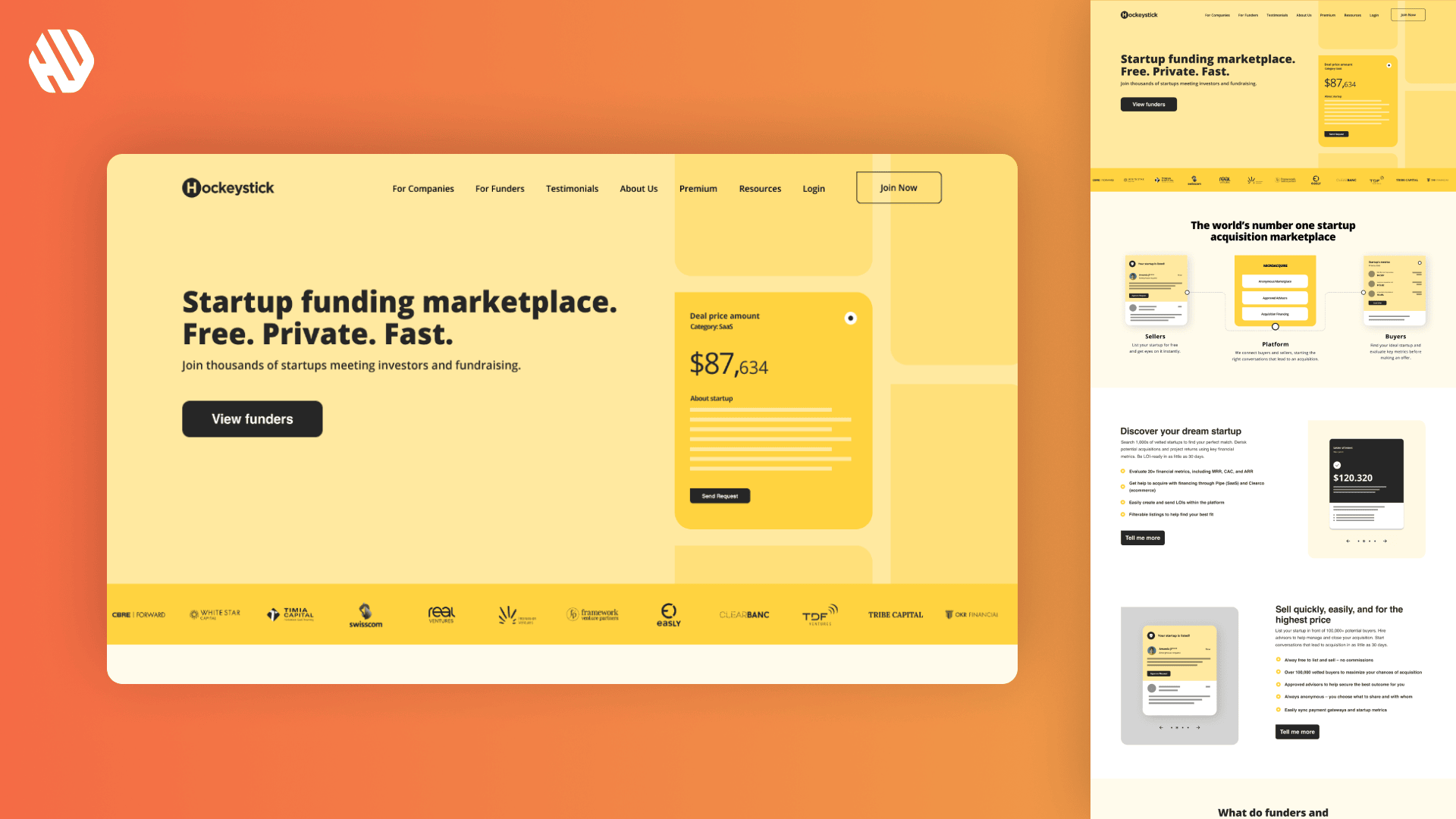 Hockeystick website screenshots featuring startup funding marketplace with yellow and black design elements.